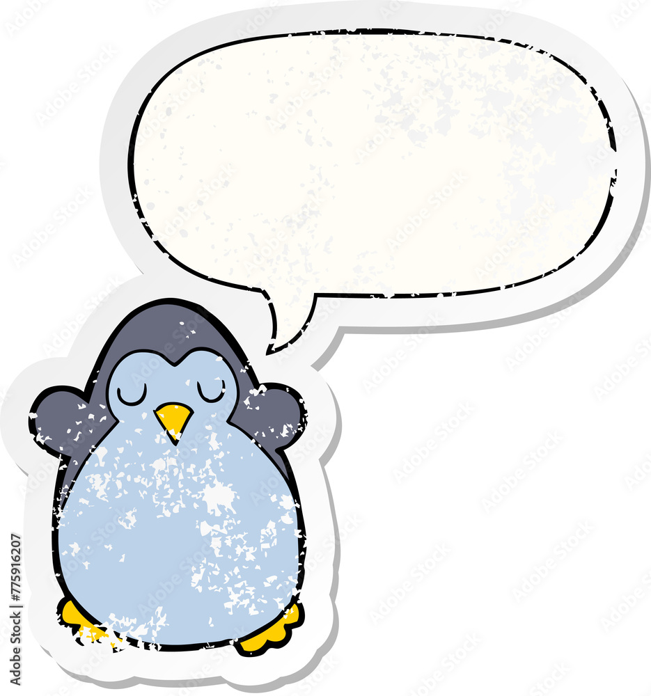 cartoon penguin with speech bubble distressed distressed old sticker