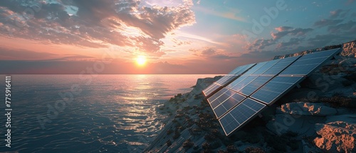 A series of solar cells on a cliff face, facing the horizon, greeting the sunrise with open circuits, ready to harness the day photo