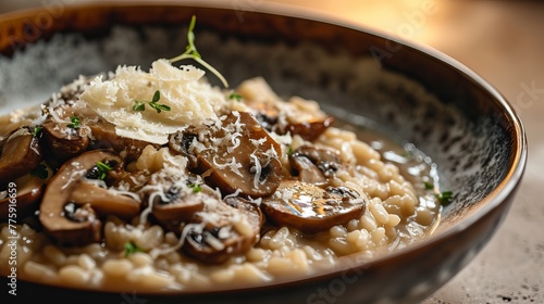 Elegant Presentation of Gourmet Mushroom Risotto with Grated Cheese and Fresh Herbs in a Dark Bowl