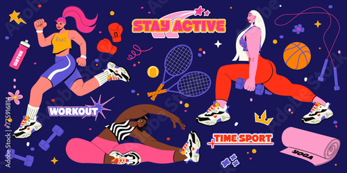  Retro cartoon abstract characters and elements of fitness training concept. Vector flat illustration in groovy style with active workout women in sportswear. 80s nostalgia. Healthy lifestyle.