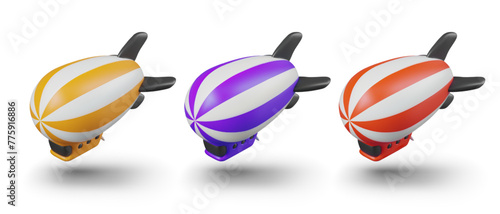 Set of realistic airships of different colors. Vintage vehicles