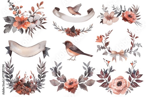 Beautiful watercolor flowers and birds, perfect for various design projects