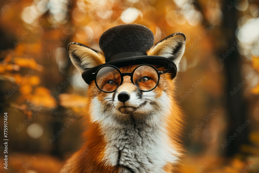Fototapeta premium Dapper fox gentleman wearing vintage glasses and bowler hat on autumn forest outdoor background