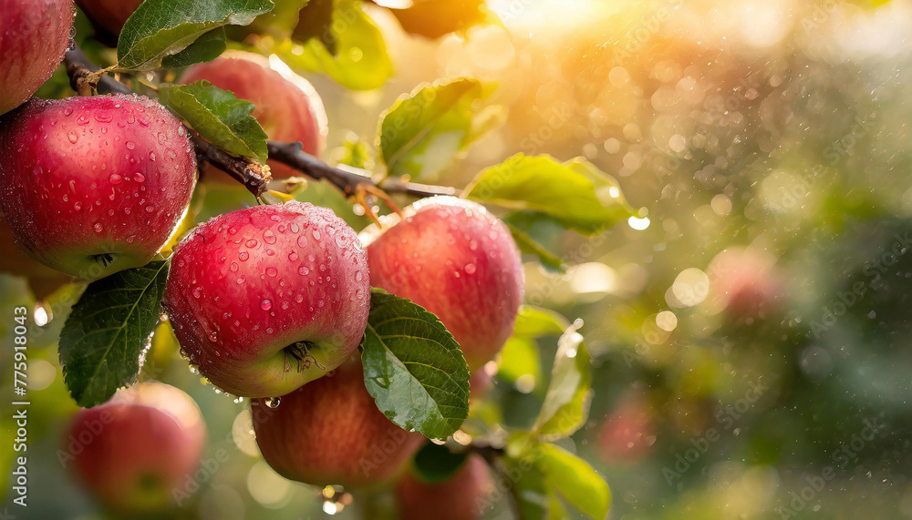 Close-up of ripe red apples growing on branch with green leaves and water drops. Garden fruit tree. Close-up of ripe red apples growing on branch with green leaves and water drops. Garden fruit tree.