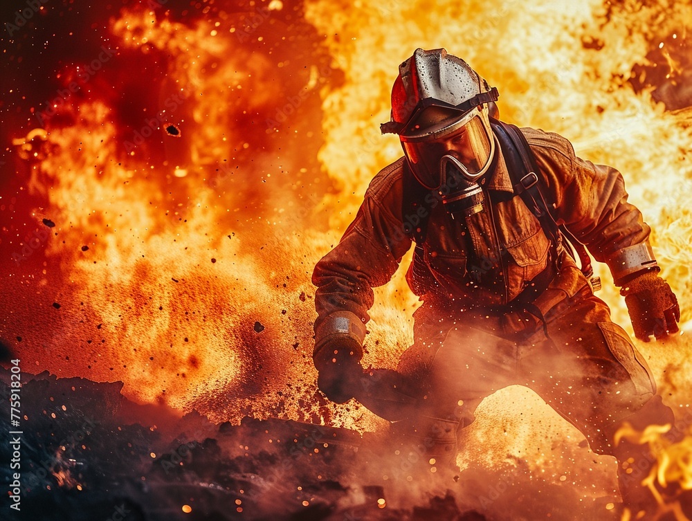Obraz premium Firefighter battling blaze, intense flames, dynamic action shot, professional color grading, clean sharp,clean sharp focus, digital photography