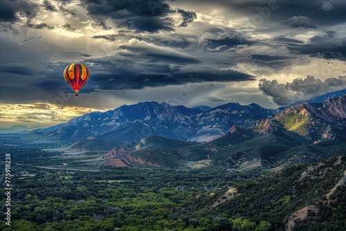 A creative and artistic photo of a hot air balloon flying over a mountain range