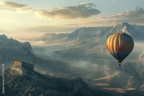 A creative and artistic photo of a hot air balloon flying over a mountain range © Veniamin Kraskov