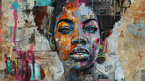 Graffiti, collage of grunge newspapers and multicolored painting splash, illustration of an African woman