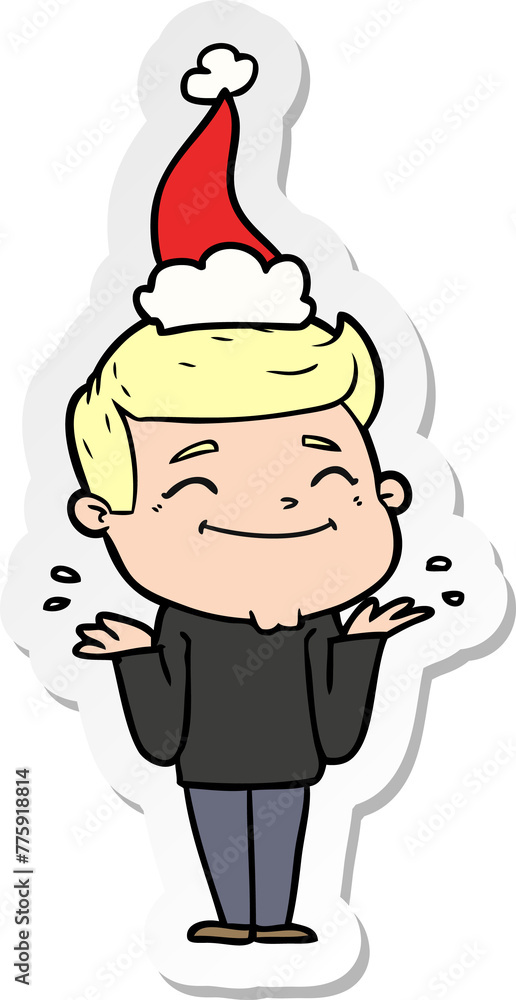 happy hand drawn sticker cartoon of a man shrugging wearing santa hat happy hand drawn sticker cartoon of a man shrugging wearing santa hat