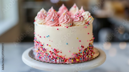 Birthday cake with pink and white frosting and colorful sprinkles