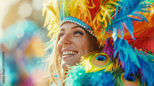 Happy young woman in carnival peacock costume celebration with passion in the parade