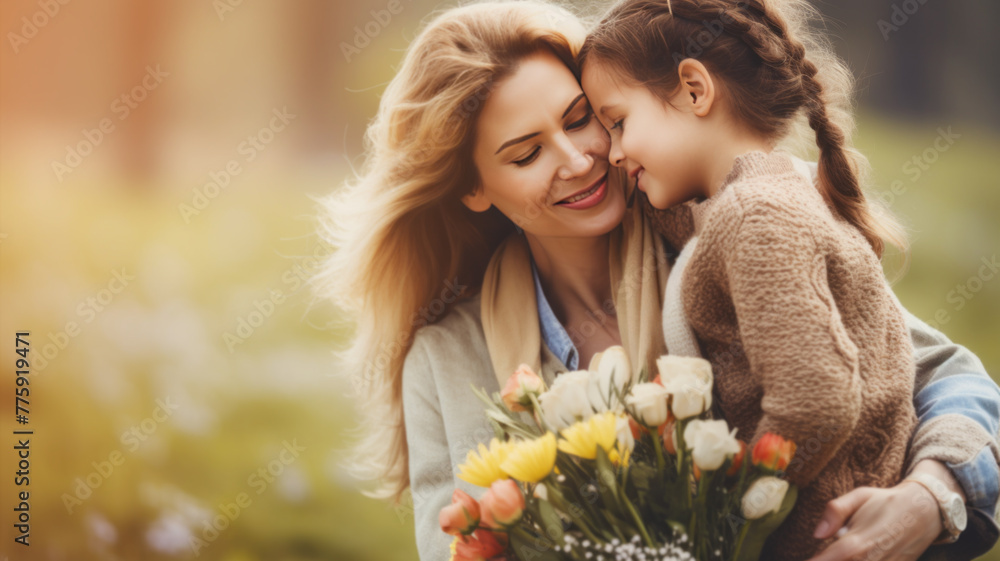Fototapeta premium Tender Moment Between Smiling Mother and Daughter with Spring Bouquet