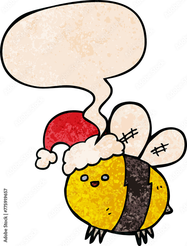 cute cartoon bee wearing christmas hat with speech bubble in retro texture style cute cartoon bee wearing christmas hat with speech bubble in retro texture style