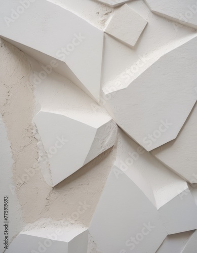An abstract image of a white wall with geometric shapes creating a 3D effect and shadows, ideal for minimalist design backgrounds