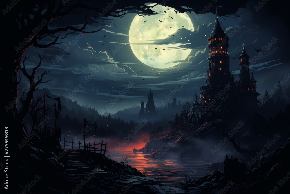 A sorcerer's tower looming over a dark and twisted landscape