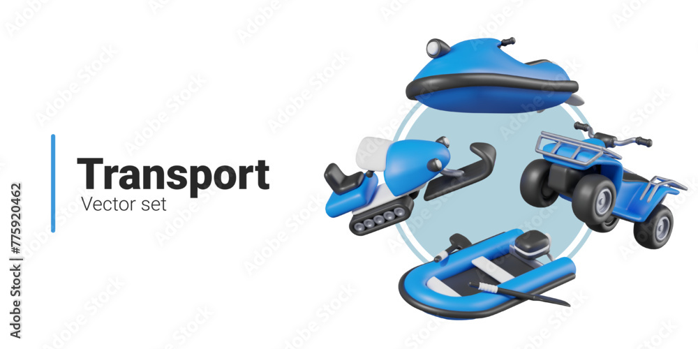 Vector set of transport in 3D style. Blue vehicles for entertainment, racing, hobby Vector set of transport in 3D style. Blue vehicles for entertainment, racing, hobby