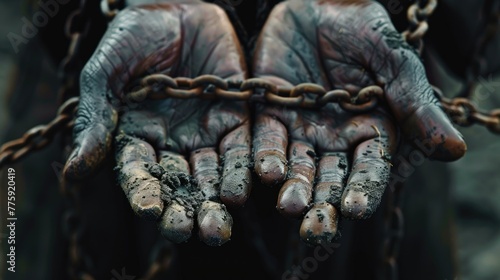 Image of hands chained to a metal chain, suitable for concepts of captivity and restriction.