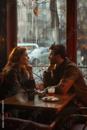 A man and a woman sitting together at a table. Suitable for various concepts and themes