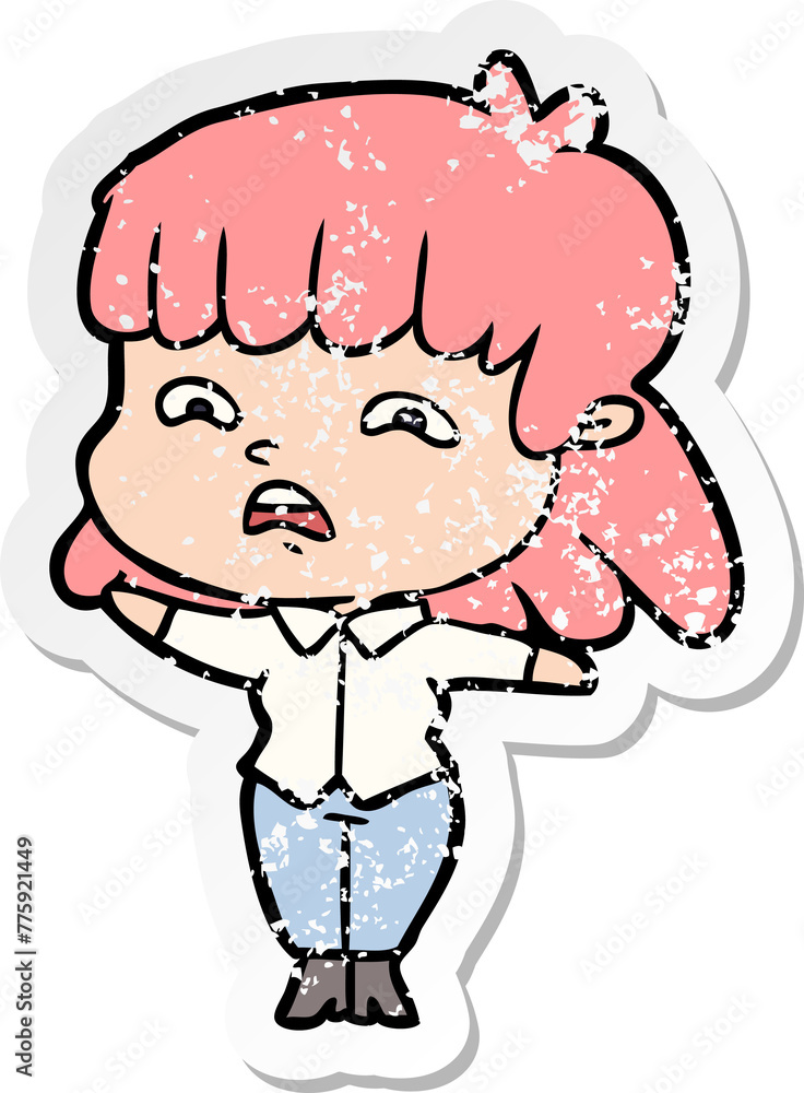 Fototapeta premium distressed sticker of a cartoon worried woman