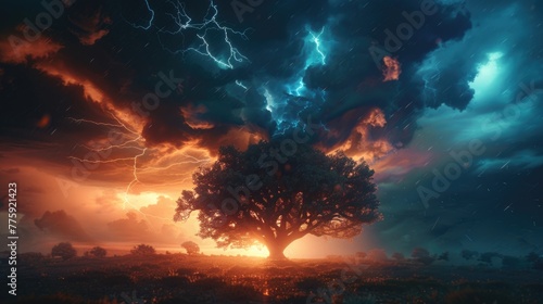 Lightning striking a tree in a field, perfect for illustrating the power of nature