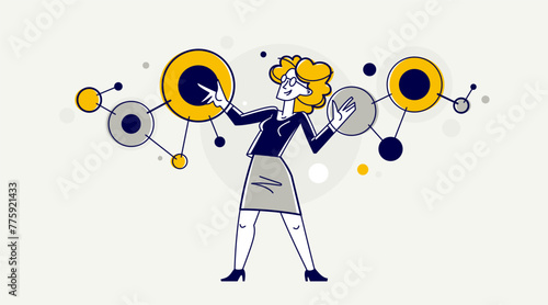 Inspired inventive designer or engineer composing abstract elements, creative worker woman doing some job and creating some system, vector outline illustration.