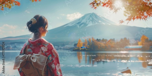 A woman in a kimono standing in front of a lake. Suitable for travel and cultural themes