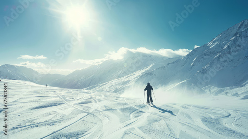 Skier in mountains, prepared piste and sunny day, concept of winter holiday and winter sports