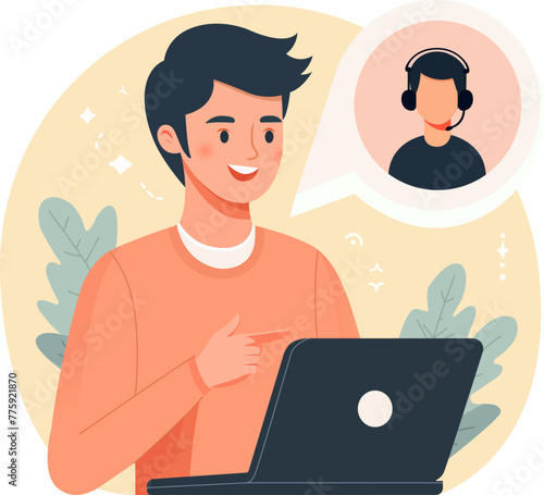 Young man talking online from speech bubble, vector illustration of a conversation with focus on one person coach or mentor, online dialogue, video speaker, social media commentator. © Руслана Стельмах