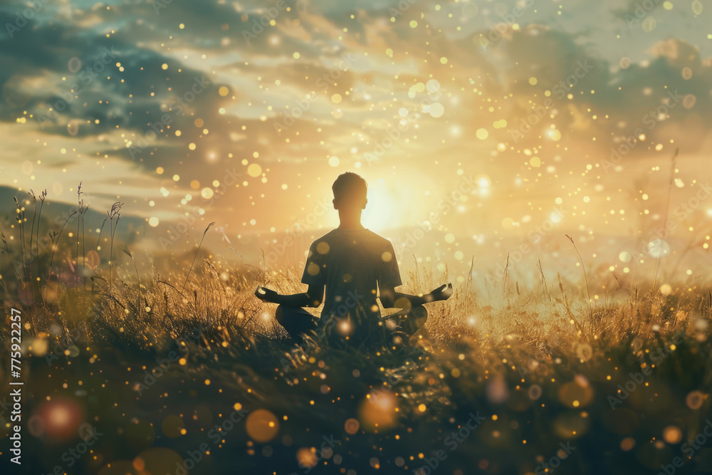 Spiritual awakening meditation transcendental mindfulness background concept - obrazy, fototapety, plakaty 