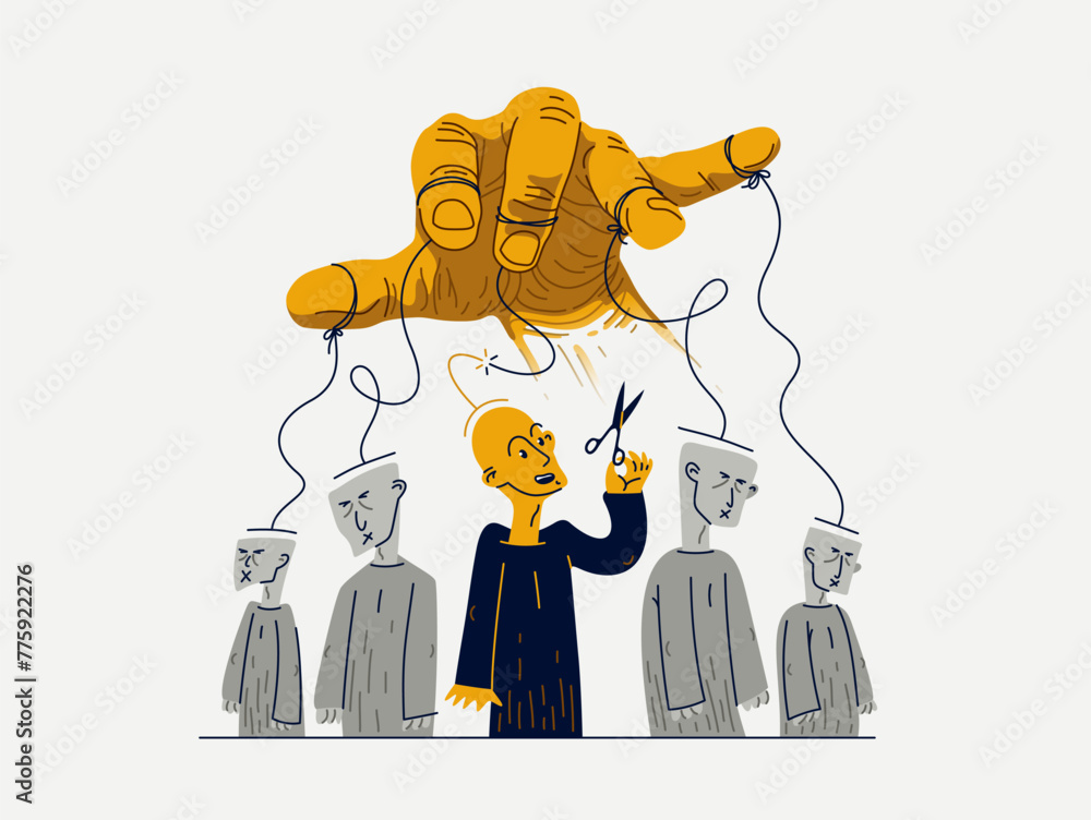 Hand of a toxic manipulator controls his victims and one person has freed from control, social manipulations and independence, vector illustration of psychological manipulation. - obrazy, fototapety, plakaty 