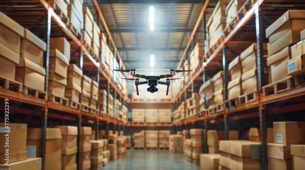 Small fpv drone flying through a warehouse.monitor parcels with drones in the warehouse