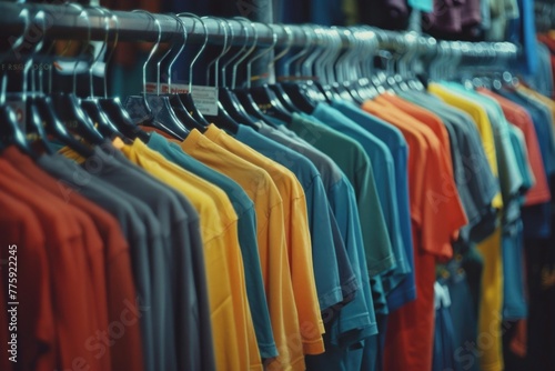 Row of colorful shirts on a hanging rack. Suitable for fashion and retail concepts