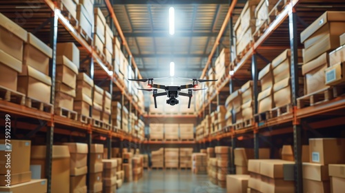 Small fpv drone flying through a warehouse.monitor parcels with drones in the warehouse