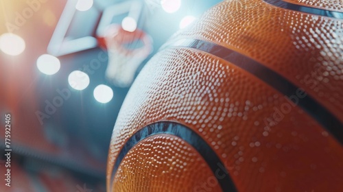 Detailed close up of a basketball on a basketball court. Perfect for sports or fitness related designs