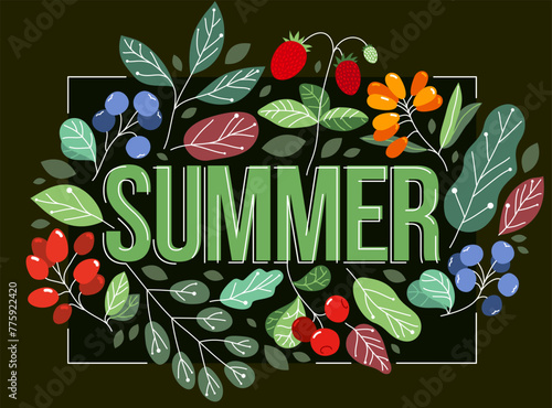 illustration on dark background, wild berries seasonal eco diet food.