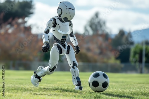 A humanoid robot is navigating towards a soccer ball, showcasing future technology in sports and robotics. © cherezoff