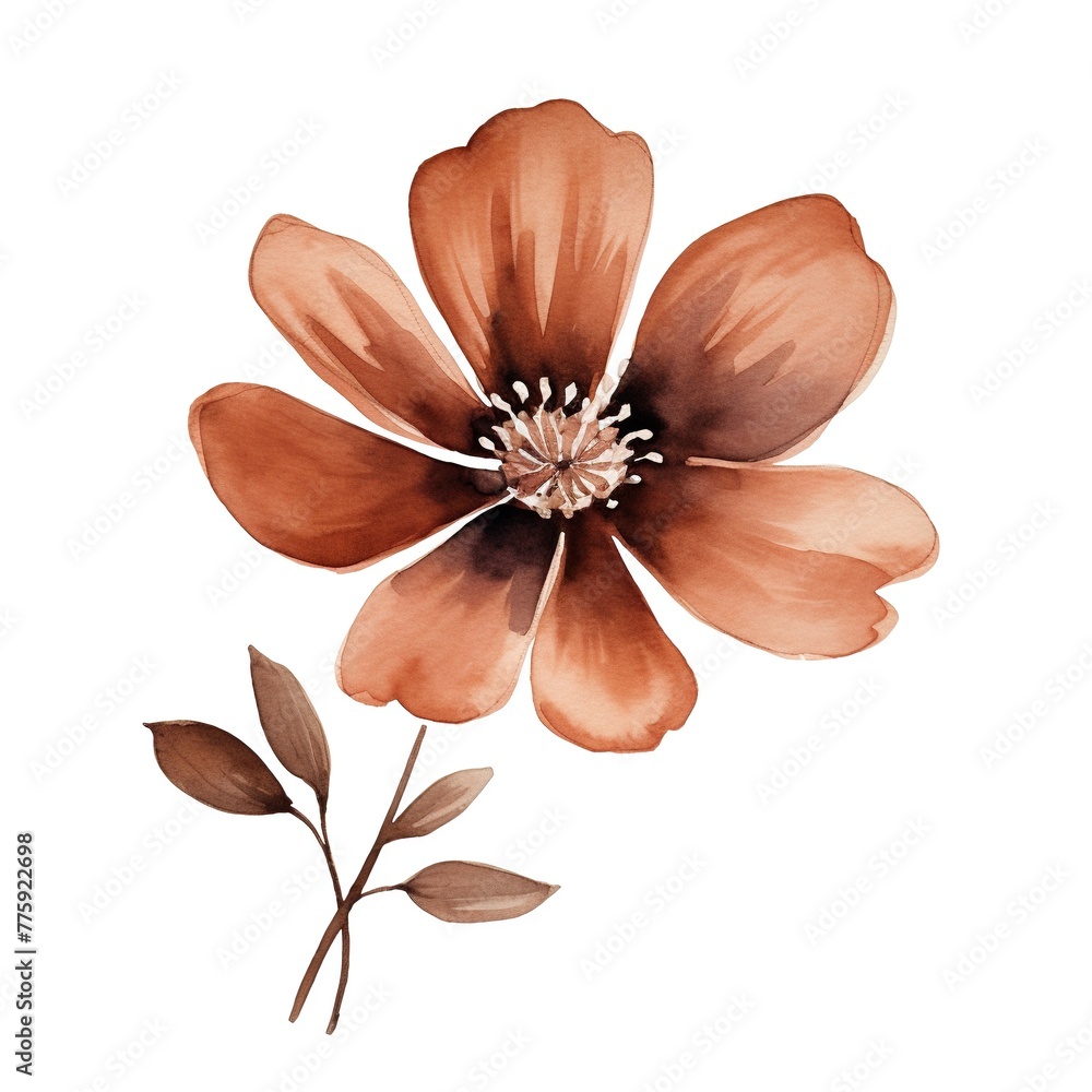 A watercolor painting of a flower with brown petals and a green stem