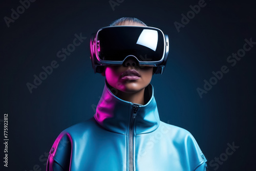 A girl in futuristic virtual reality glasses is an image of a modern woman who knows how to combine strength, intelligence and technological progress.  © daniiD