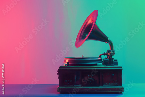 Vintage aged gramophone phonograph turntable on pastel green pink neon lighted background photo
