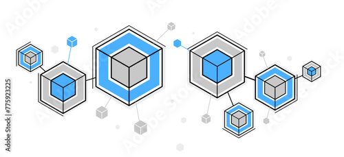 Abstract vector technology theme background with connected cubes over dark, geometric design linear connection, software network system.