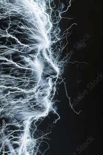 Close up of a person's face with lightning. Perfect for dramatic and intense concepts
