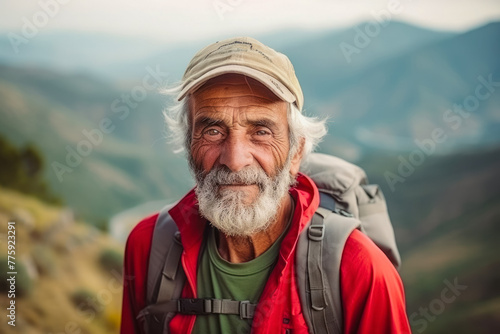Happy elderly pensioner man: story of travel through wild nature