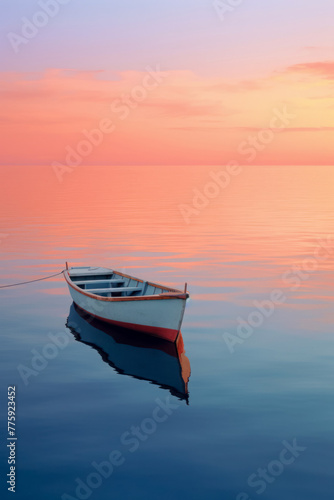Loneliness at sunset, minimalist art in the image of a lonely boat
