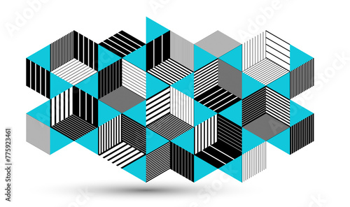 Blue vector abstract geometric background with cubes and different rhythmic shapes, isometric 3D abstraction art displaying city buildings forms look like, op art.