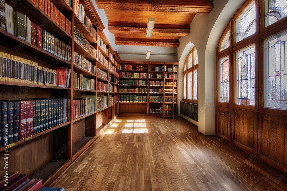 Photo library stacks of books and bookshelf library background Photo library stacks of books and bookshelf library background