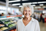 Increase your savings, pensioner woman makes smart purchases in supermarket, portrait, background