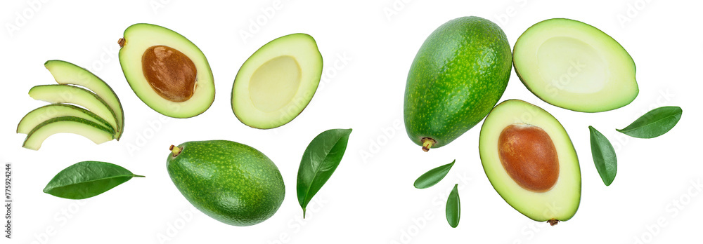 avocado and slices decorated with green leaves isolated on white background. Top view. Flat lay avocado and slices decorated with green leaves isolated on white background. Top view. Flat lay
