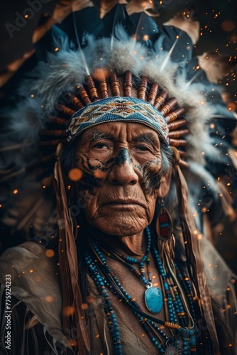 Regal Native American Chief in Traditional Attire
