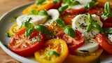Italian Caprese Salad with Fresh Tomatoes, Basil, and Mozzarella on a Rustic Plate