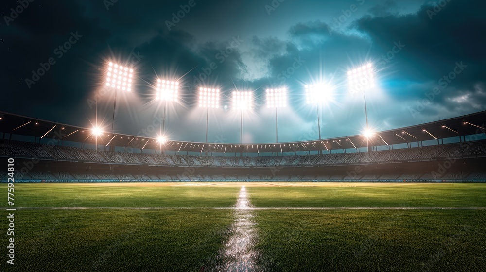 Stadium at night with floodlights and bright flashes.